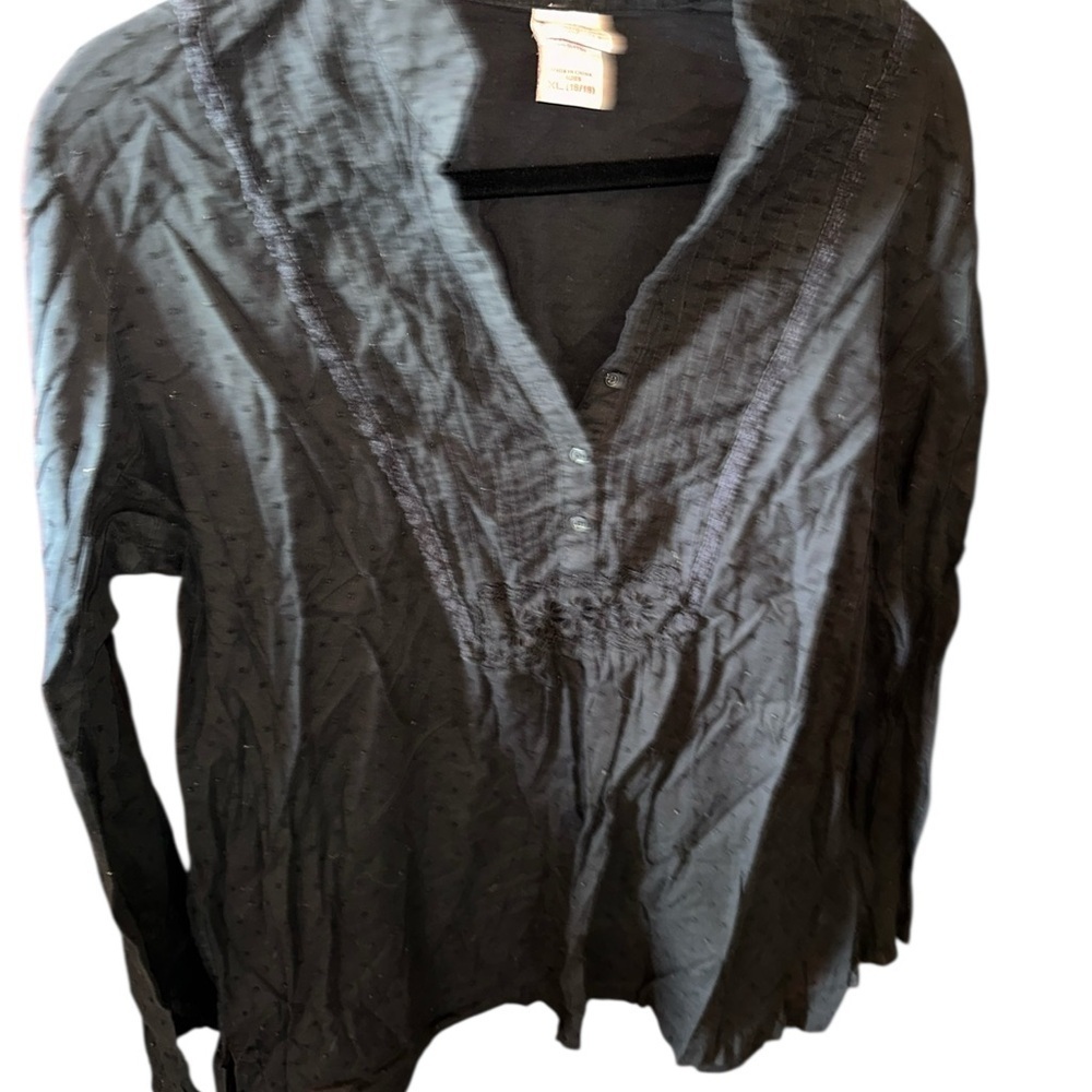 Vintage Faded Glory Black Swiss Dot Peasant Blouse pintuck front 100% Cotton.
